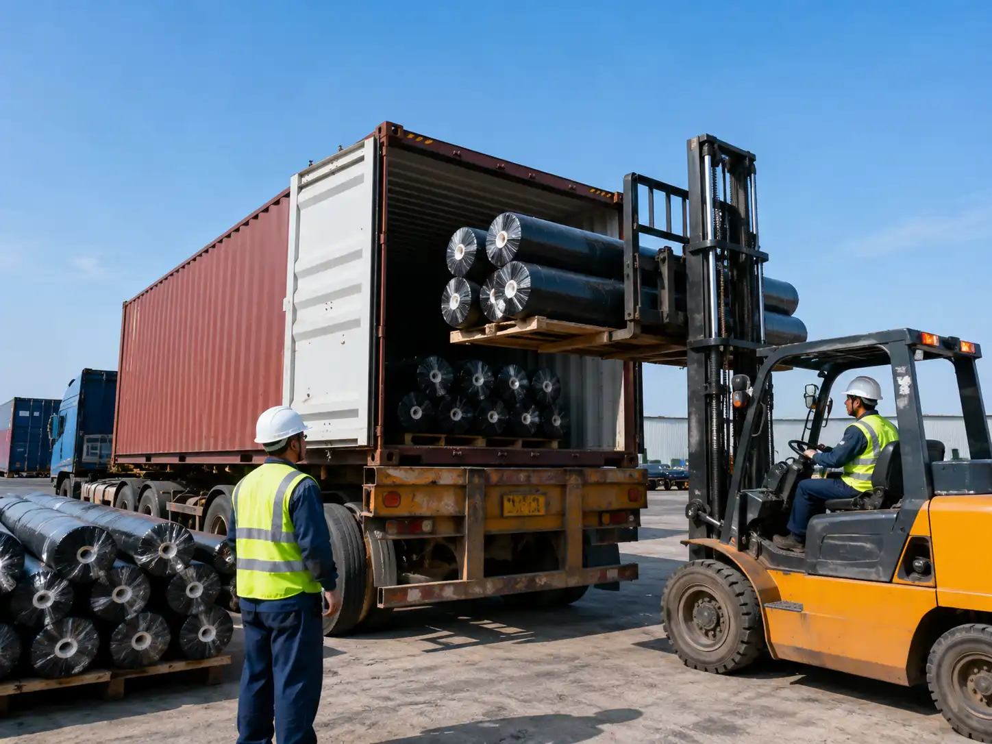 HDPE geomembrane rolls loaded for export shipment