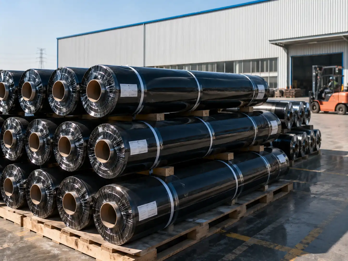 Geomembrane rolls prepared for wastewater pond project